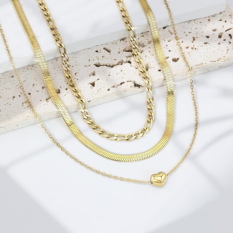 Layered Necklaces for Women,14k Gold Plated Dainty Necklace Stack Set,Non Tarnish Adjustable Stainless Steel Heart Pendant Paperclip Choker Herringbone Snake Chain Jewelry