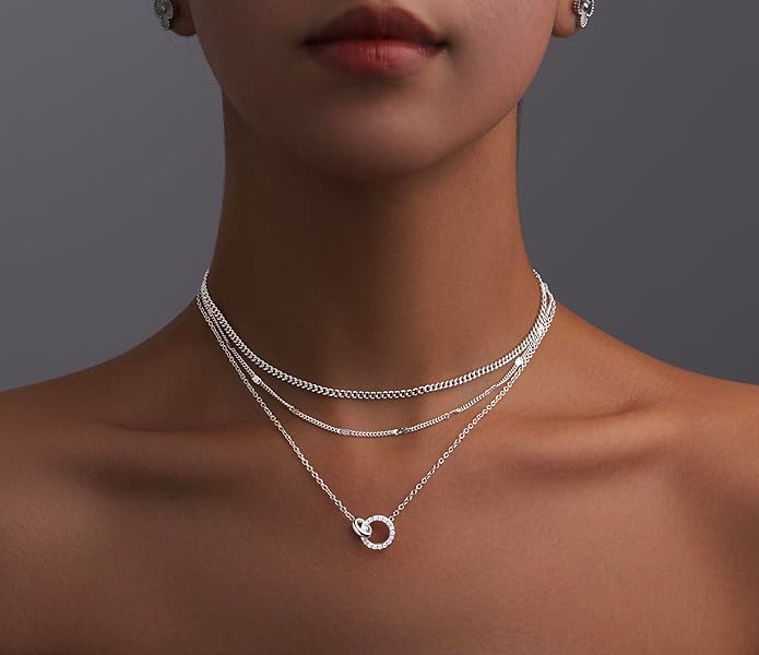 WomenGifts Layered Gold Necklaces for Women, 14K Gold Sterling Silver Plated Dainty Pendant Necklace Set with Cubic Zirconia Circle, Chunky Stackable Cuban Chain Choker, Trendy Personalized Birthstone Jewelry Gift Non Tarnish