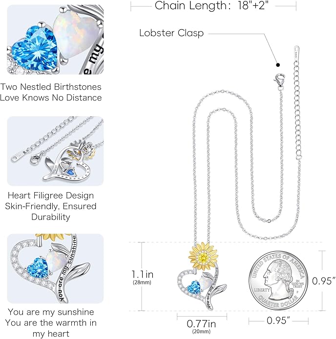 PERJI Valentine's Day Gifts for Women - 925 Sterling Silver Double Birthstone Sunflower Necklace, Anniversary Birthday Jewelry You are My Sunshine Gifts for Wife Couple Girlfriend 18"+2" Non Tarnish