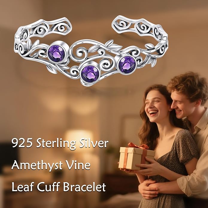 Three Amethysts Vine Cuff Bracelet Sterling Silver Adjustable Bohemian Bangle, February Birthstone Gift for Her Purple Crystal Healing Jewelry