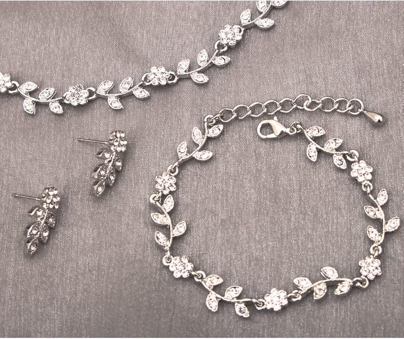 Austrian Crystal Rhinestone Choker Necklace Dangle Earring Link Bracelet Jewelry Set for Brides Bridesmaid Prom Costume Accessories for Women