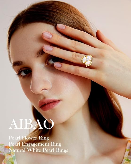 AIBAO Flower Gemstone Rings for Women Three Pental Turquoise/Malachite/Mother of Pearl Flower Ring with Cubic Zirconia Center Sterling Silver Statement Rings Size 6 to 10
