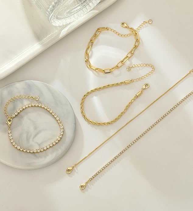Gold Bracelets for Women 14K Gold Plated Stack Trend Bracelets Charm Paperclip Chain Cuban Link Layered Waterproof Bracelet Dainty Bracelet for Women Jewelry Gifts