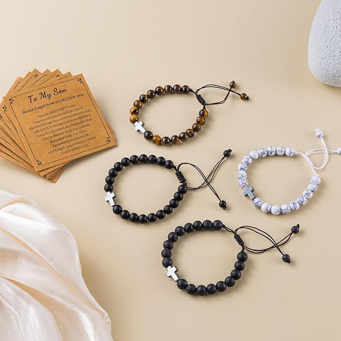 Romass 2Pcs Cross Bracelet for Men,Tiger Eye Beaded Bracelets 8MM Natural Stone Adjustable Jewelry Christian Easter Christmas Gifts Box