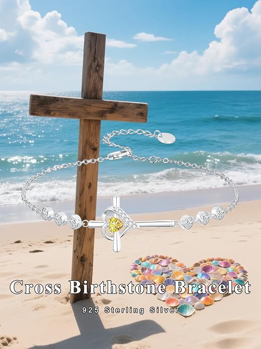 Cross Birthstone Charm Link Bracelet 925 Sterling Silver Cross Bracelet with 12 Months Birthstone Religious Christian Jewelry Gifts for Women Mom Her,Chain Length 7"+2" Extend