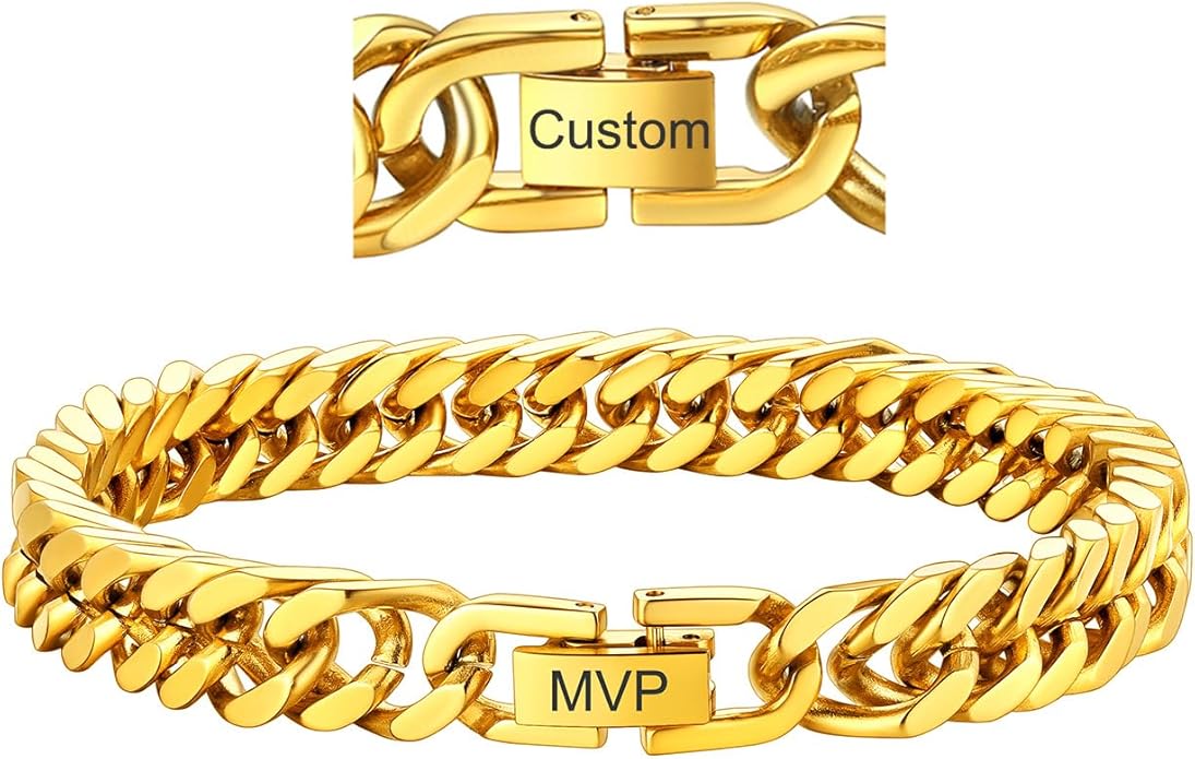 ChainsHouse Stainless Steel Cuban Link Bracelet, 8mm/12mm/17mm Width, 7.5"/8.3"/9", 18K Gold Plated Chain Wrist Bracelets for Men Women, Send Gift Box