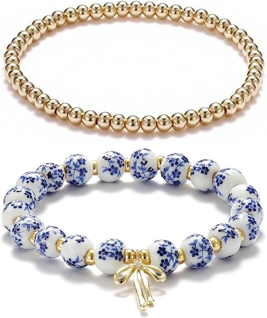 Beads Bow Charm Bracelet for Women Flower Vintage Bracelet Handmade Stretch Beaded Dainty Romantic Jewelry Gifts