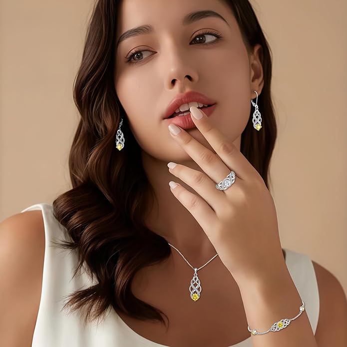 Infinity Irish Celtic Knot Jewelry Set for Women Citrine Necklace & Earrings & Bracelet November Birthstone Jewelry Gifts