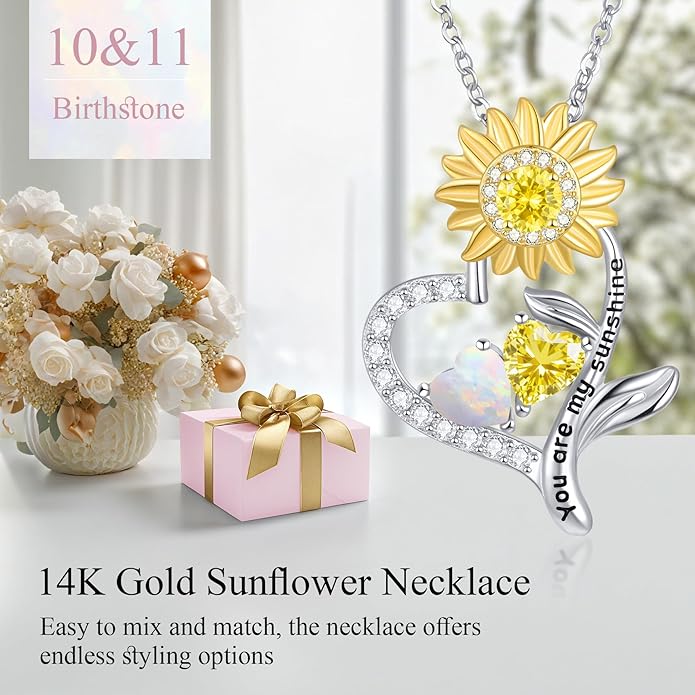PERJI Valentine's Day Gifts for Women - 925 Sterling Silver Double Birthstone Sunflower Necklace, Anniversary Birthday Jewelry You are My Sunshine Gifts for Wife Couple Girlfriend 18"+2" Non Tarnish