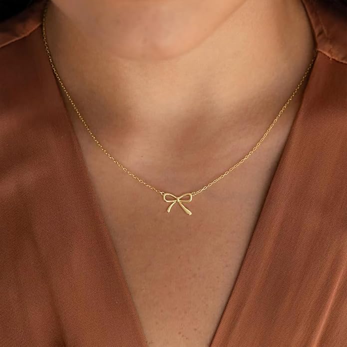 Gold Necklace for Women Dainty Bow Necklace 14K Gold Plated Cute Choker Necklace Small Bow Pendant Charm Necklaces Teen Gift Trendy Stuff Personalized Jewelry Gifts