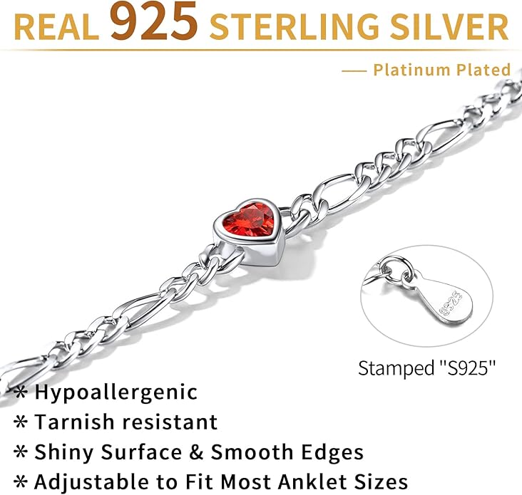 ChicSilver Sterling Silver Anklets Bracelets for Women, Figaro Chain Heart/Round Birthstone Anklet for Women Waterproof, Dainty Herringbone Ankle Bracelet Summer Beach jewelry