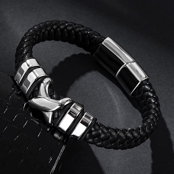 Leather Bracelet for Men Braided Cuff Wristband Stainless Steel Clasp in Silver and Gold Jewellery Gift