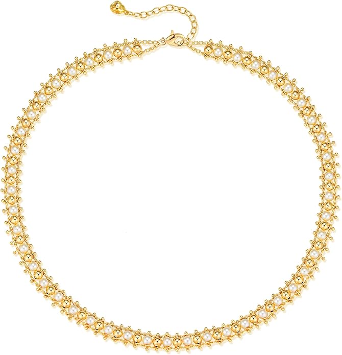 MTMY Beaded Necklaces for Women 14K Gold Plated Dainty Colorful Green/Rose Beaded Pearl Choker Necklace Delicate Boho Choker Necklace Jewelry Gift