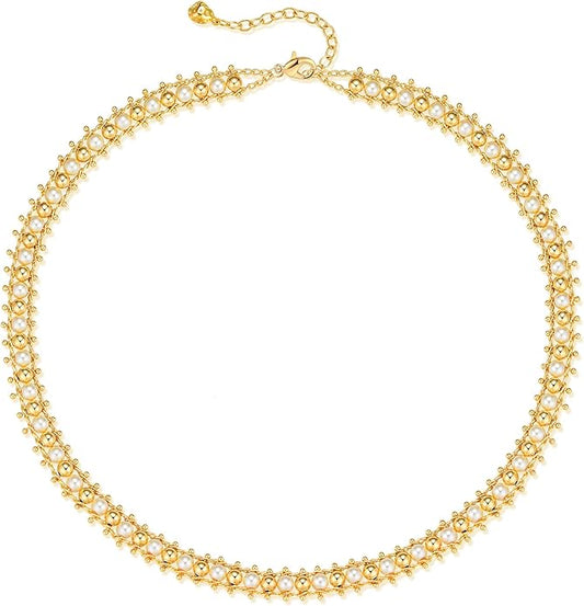 MTMY Beaded Necklaces for Women 14K Gold Plated Dainty Colorful Green/Rose Beaded Pearl Choker Necklace Delicate Boho Choker Necklace Jewelry Gift