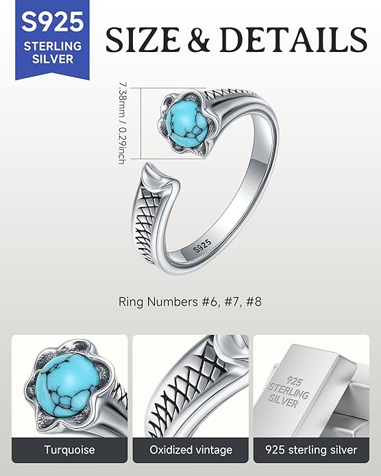 S925-Sterling-Silver Abalone Dragonfly-Turquoise Spoon Ring - Vintage Boho Sunflower Thumb Oxidized Wrap Rings Victorian Style Antique Floral Jewelry Gifts for Women