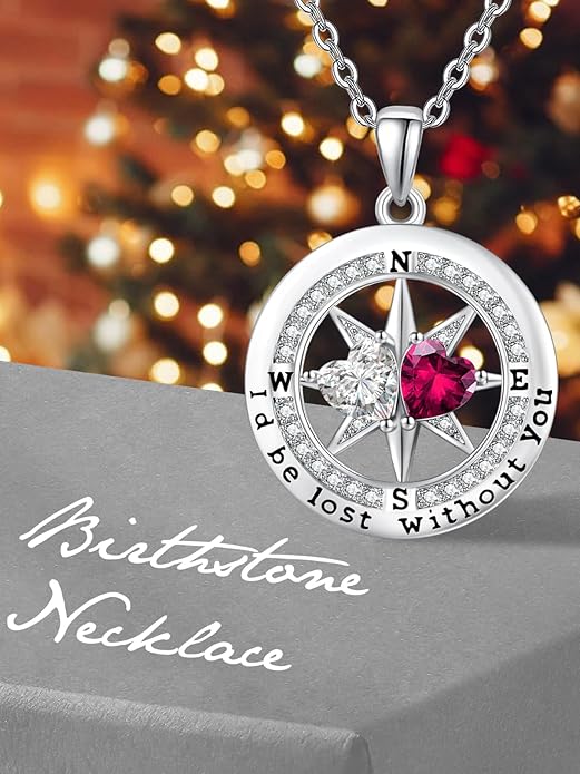 Compass Birthstones Necklace for Women, Exquisite Anniversary Birthday Gifts for Wife Her Double Birthstone Pendant jewelry ‘I'd be Lost Without You’