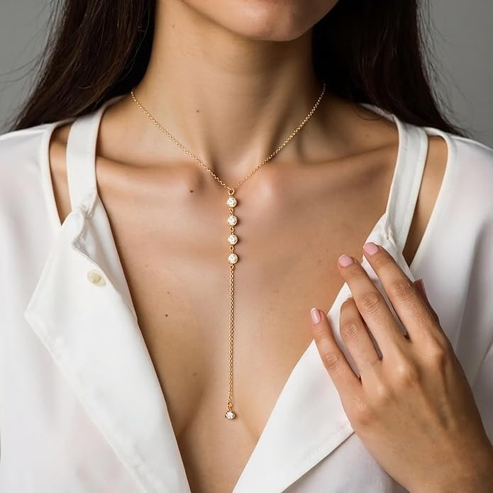 Irregular Y2k Long Y-shaped Necklace with Zircon Inlaid Sparkling Brick Tassel Pendant Double-Layer Chain High-end Fashion Accessory Women's