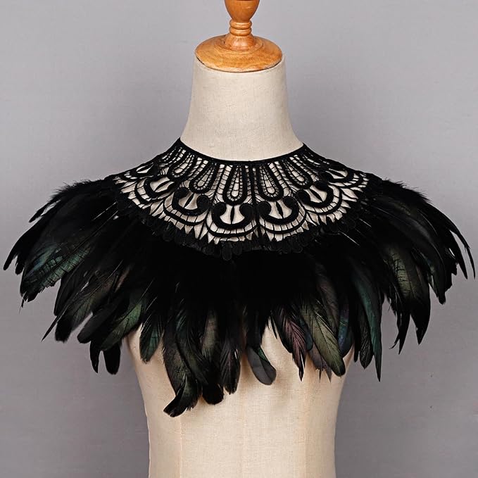 L'VOW Real Black Feather Harness Lace Collar Necklace Bib Halloween