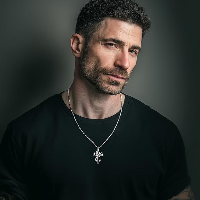 CCmfgjew Christmas Gifts Cross Necklace for Men Stainless Steel Fish Hook Pendant Antler Necklace Hunting Jewelry Gifts for Father Husband Brother 22+2”