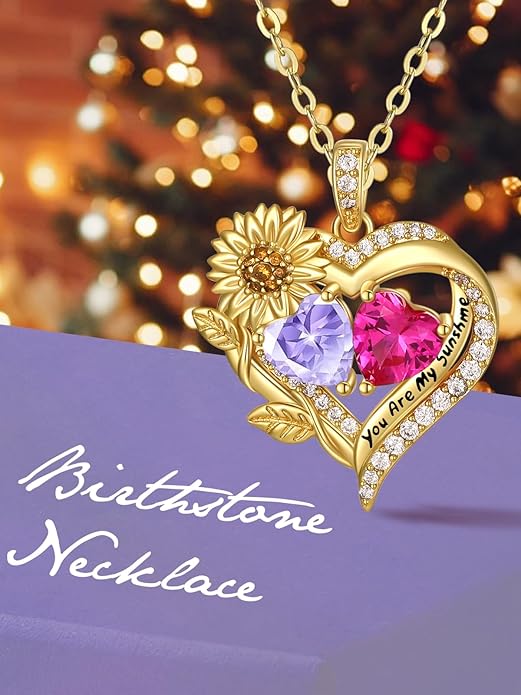 Sunflower Heart Necklace for Women 14K Gold Exquisite Anniversary Birthday Gifts for Wife Mother Her Double Birthstone Pendant jewelry‘You Are My Sunshine’