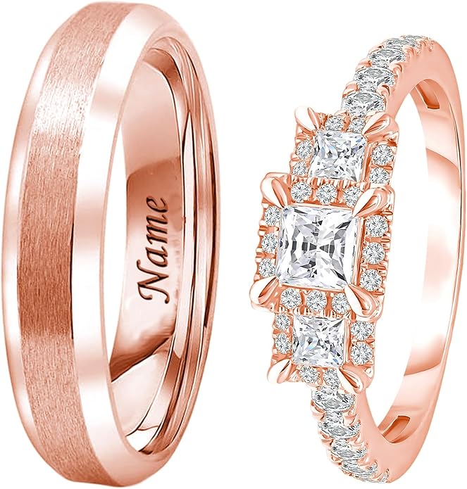 Rikelus Moissanite Engagement Ring Sets for Couples,10K 14K 18K Solid Gold Heart/Princess/Round Cut Bridal Ring Sets,Customized Matching Wedding Bands Set for Men and Women Free Engraving