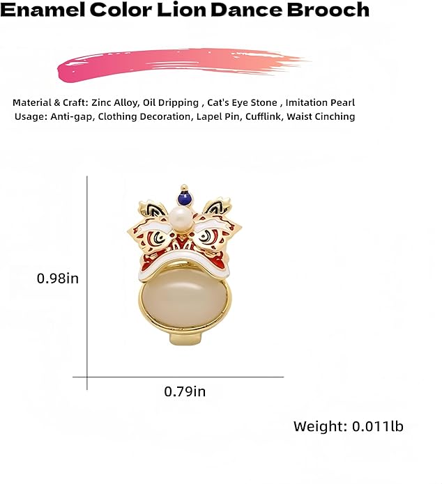 Chinese Lion Dance Brooch, Vintage Enamel Floral & Cat Eye Pearl Adjustable Lapel Pin for Women & Men – Traditional Asian Style Awakening Lion Brooch for Jacket, Blazer, Scarf, Qipao, Wedding, Festival Gift (Gold/Red/Blue)
