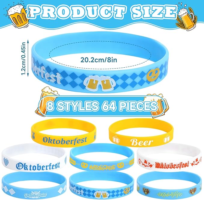 JUNEBRUSHS 64pcs Oktoberfest Party Favors Silicone Bracelets Bulk Blue and White Checkered Rubber Bracelet for Oktoberfest Party Bavarian Beer Festival Style Decorations Supplies