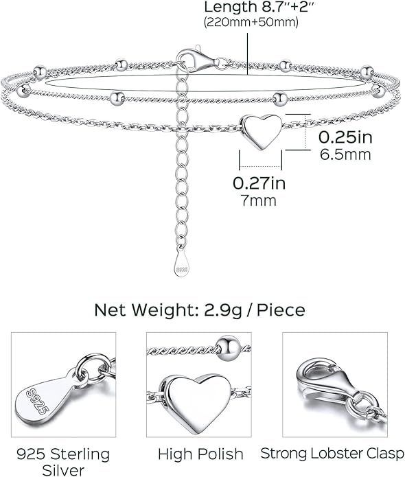 ChicSilver Sterling Silver Anklets for Women 925 Ankle Bracelets for Women Layered Heart Anklet With Beaded Anklets for Women