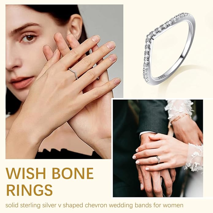 Suplight 925 Sterling Silver Wedding Band Rings, Full Cubic Zirconia Wishbone Ring Love/Lucky Engagement Promise Rings For Women, Size 4-12 (with Gift Box)