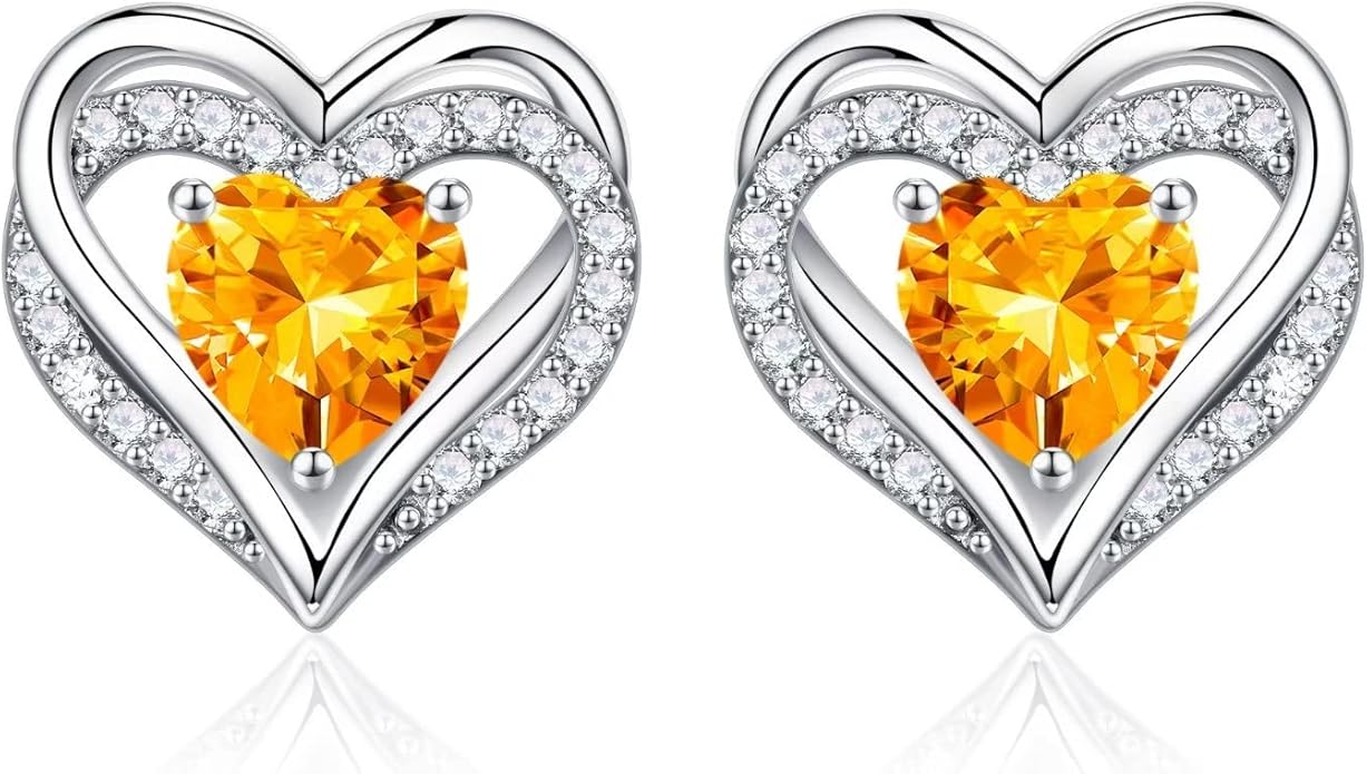 Iefil Birthstone Earrings for Women, 925 Sterling Silver Heart Stud Earrings Birthday Gifts for Women