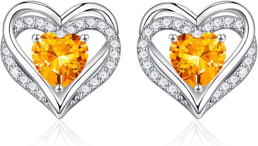 Iefil Birthstone Earrings for Women, 925 Sterling Silver Heart Stud Earrings Birthday Gifts for Women
