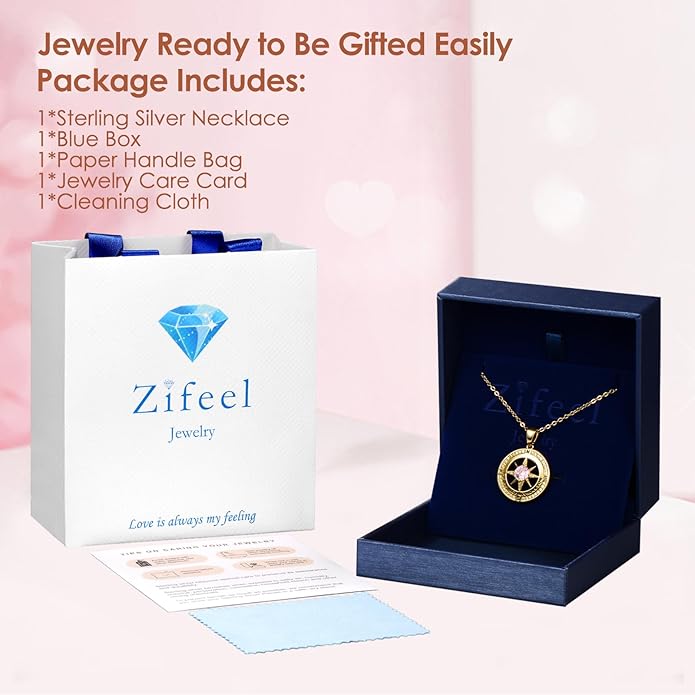 Zifeel Compass Necklace Gifts for Women wife - S925 Sterling Silver Birthstone Necklaces for Women - Anniversary Birthday Gifts for Her Wife Girlfriend - Valentines Mom Mothers Day Christmas Gifts Jewelry for Women