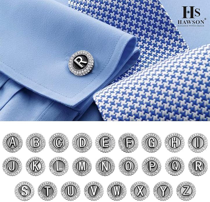 HAWSON A-Z Initial Cufflinks for Men and Women with Clear Crystal, Gold Silver Color Rasied Letter A-Z Cuff Links for French Shirt, Gift for Normal and Business Wearing