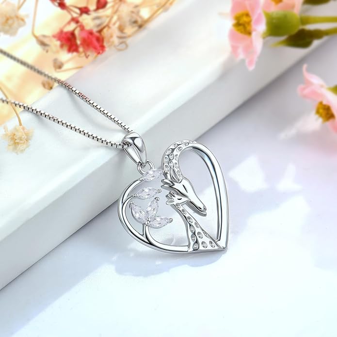 STARCHENIE Giraffe Necklace 925 Sterling Silver Heart Pendant Animal Jewelry for Women