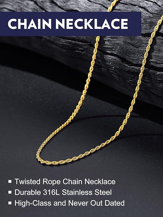 Bandmax Solid 1.5mm/2mm/3mm/6mm Rope Chains for Men Women 14K Gold Plated/Black Plated Stainless Steel Twist Chain 16-30 Inches, with Gift Box