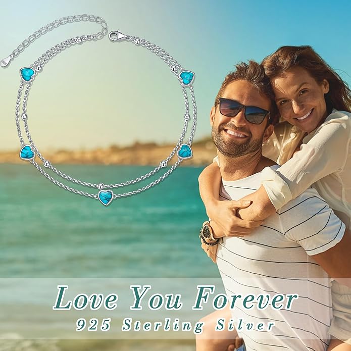 FLYOW Anklet for Women S925 Sterling Silver Adjustable Foot Beaded Heart Charm Ankle Bracelet Anklets Jewelry