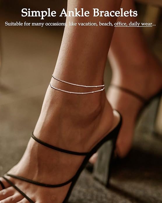 FUNEIA Gold Silver Ankle Bracelets for Women Waterproof 14K Gold Plated Anklets for Women Non Tarnish Dainty Layered Beaded Heart Anklet Set Summer Beach Foot Chain Jewelry Gifts Trendy Stuff