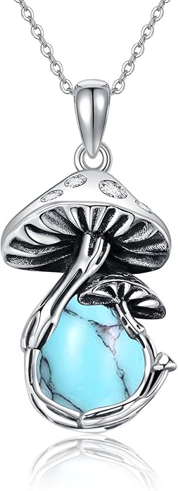 YAFEINI Mushroom Necklace Moonstone/Moss Agate/Malachite/Labradorite/Turquoise/Amber/Larimar/Black Onyx/Lapis Lazuli/Peridot/Opal Sterling Silver Mushroom Pendant Mother's Day Jewelry for Women Mom