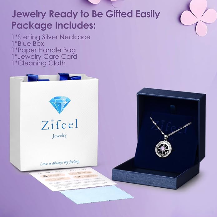 Zifeel Compass Necklace Gifts for Women wife - S925 Sterling Silver Birthstone Necklaces for Women - Anniversary Birthday Gifts for Her Wife Girlfriend - Valentines Mom Mothers Day Christmas Gifts Jewelry for Women