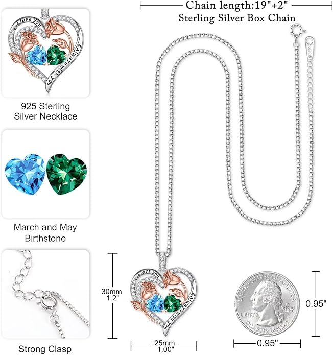 Iefil Birthstone Necklace for Women - 925 Sterling Silver Rose Heart Birthstone Necklace Birthday Anniversary Jewelry Gifts for Her Wife Mom Daughter