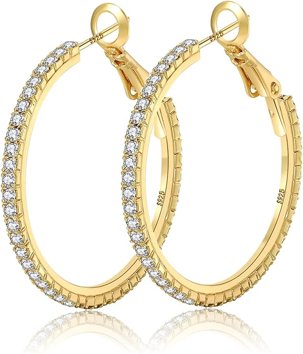 925 Sterling Silver Earrings Large Rhinestone Hoop Earrings Big Cubic Zirconia Hoop Earrings Thin Rhinestones Round Hoop Earrings for Women 20/30/40/50/60/70mm Sparkly Hoops With Crystals for Womens
