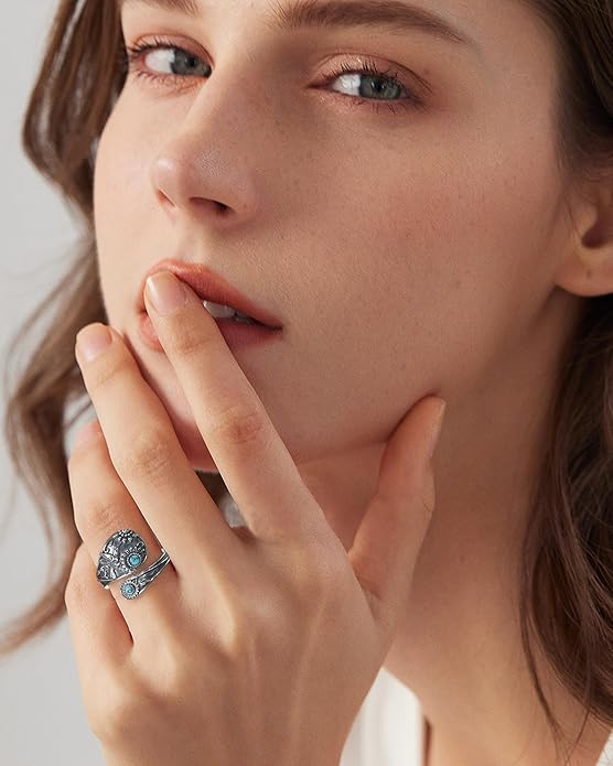 S925-Sterling-Silver Abalone Dragonfly-Turquoise Spoon Ring - Vintage Boho Sunflower Thumb Oxidized Wrap Rings Victorian Style Antique Floral Jewelry Gifts for Women