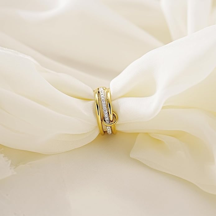 AllenCOCO 14K Gold Plated Stackable Rings, 3 Ring Set with CZ Cubic Zirconia, Gold & Silver Stacked, Multi-Link Connected Interlocking Band for Women Statement Hypoallergenic Upgraded Craft