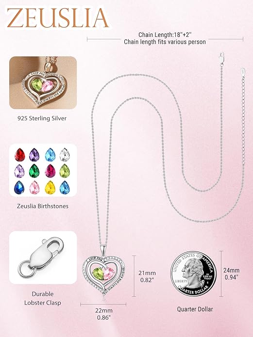 Zeuslia Double Birthstone Necklace Gifts for Wife - 925 Sterling Silver Sunflower/Rose/Crown Cross/Compass/Heart Pendant I Love You Necklace, Anniversary Birthday Gifts for Wife Girlfriend Mom Her