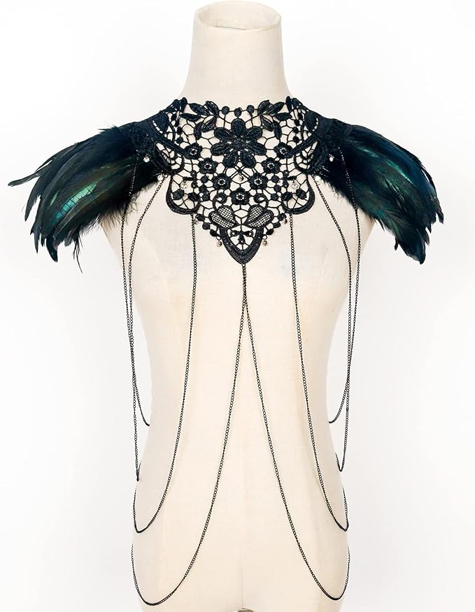 L'VOW Real Black Feather Harness Lace Collar Necklace Bib Halloween