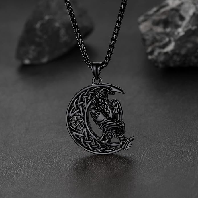 FaithHeart Viking Raven Necklace for Men, Norse Mythology Raven Skull Pendant Sturdy Stainless Steel Amulet Jewelry Gift for Men