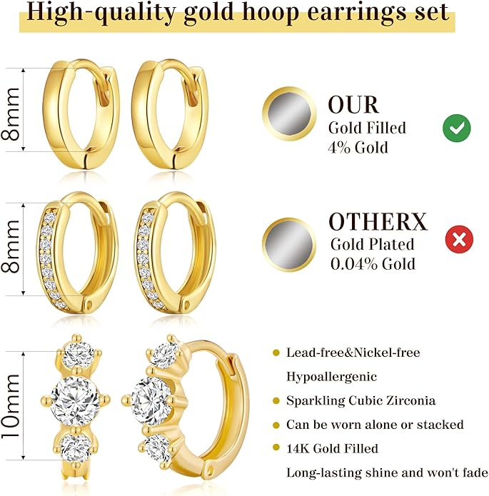 3Pairs Small Gold Huggie Hoop Earrings for Women,Romantic heart,Twisted braid two colors,3 CZ Hoop,5 Round Zircon Sport Hoops Earrings Set,14K Gold Filled Silver Hypoallergenic Earring Excellent gift