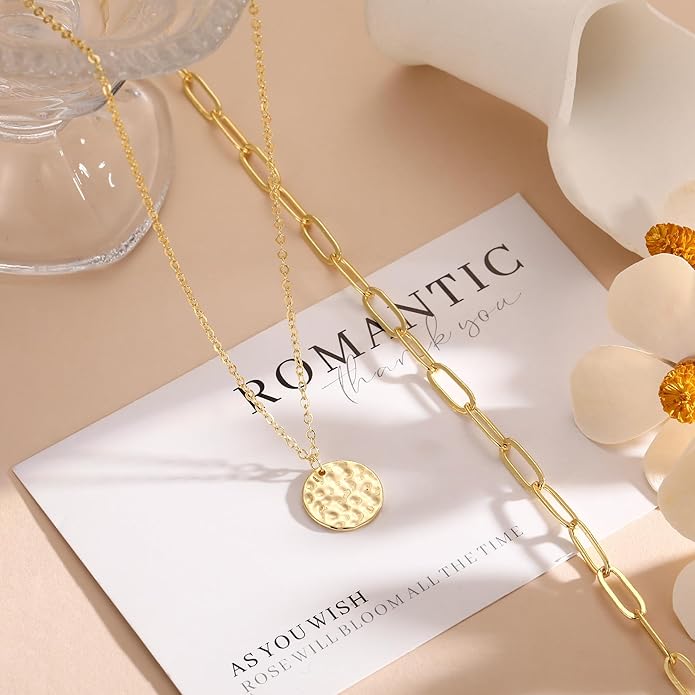 Layered Necklaces for Women 14K Gold Plated Stack Circle Pendant Trendy Long Chain Stackable Handmade Coin Necklace Set Dainty Gold Stacked Jewelry Gifts