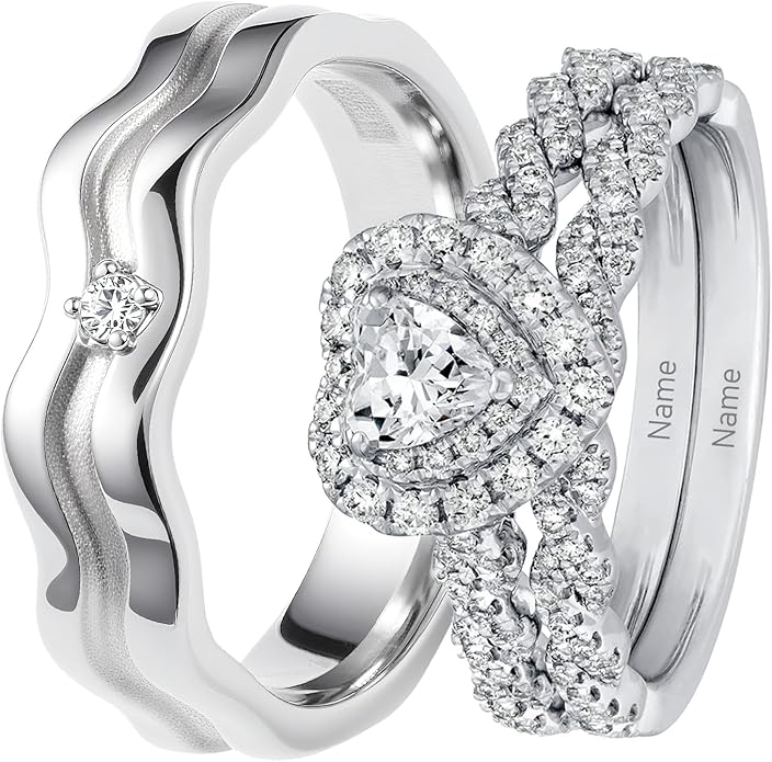 Rikelus Moissanite Engagement Ring Sets for Couples,10K 14K 18K Solid Gold Heart/Princess/Round Cut Bridal Ring Sets,Customized Matching Wedding Bands Set for Men and Women Free Engraving
