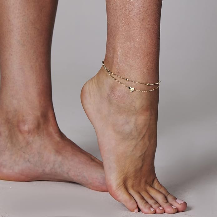 Pencros Dainty Layered Anklet,14K Gold Filled Cute Beads Satellite Chain Heart Boho Adjustable Anklets for Women